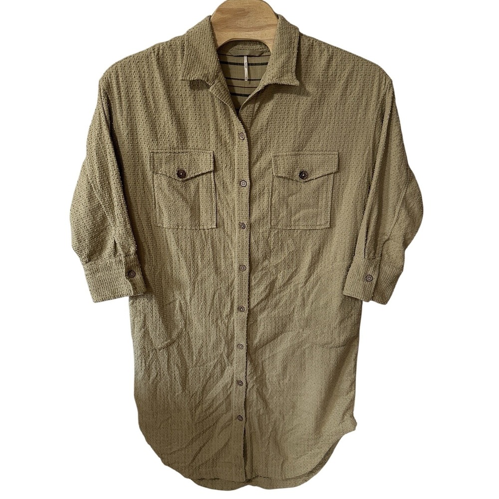 Free People Size Medium Beige Button Up Tunic Shirt Midi Dress Textured Pockets